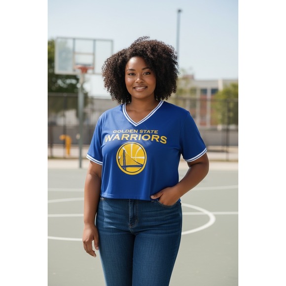 NBA Tops - 1058 NBA Golden State Warriors Women 1X Royal Blue Cropped V-Neck Jersey NWT